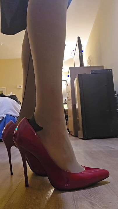 New blue dress with red pumps