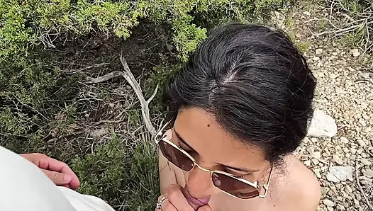 Hot girl has sex in the jungle in public and receives a cumshot in her mouth