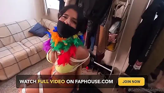 Latina Bound Tight and Gagged with Different Gags! While Wearing Feather Boa and Different Fur Parkas (smaller Size)