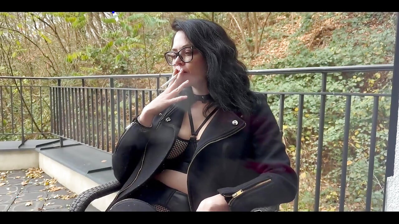 Smoking Long Cigarette Outside in Sexy Lingerie and Stockings and Put Boobs Outside and Playing