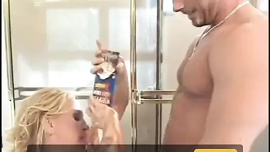 Huge boobs blonde gets a blast of jizz on her jumbos after foam games