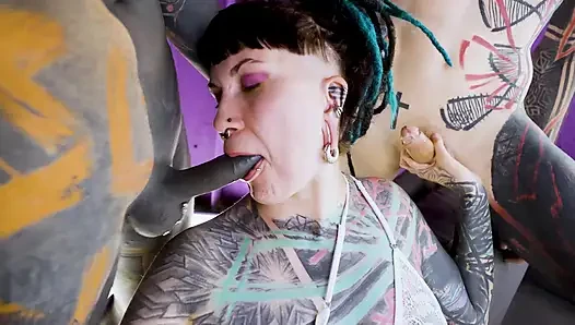 Inked Teen Girl Destroyed by Two Cocks - Rough Anal FMM Threesome