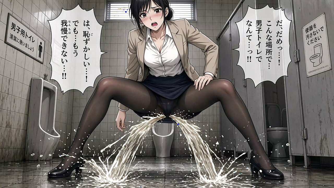 一个年轻的日本女人在男厕所和街上小便