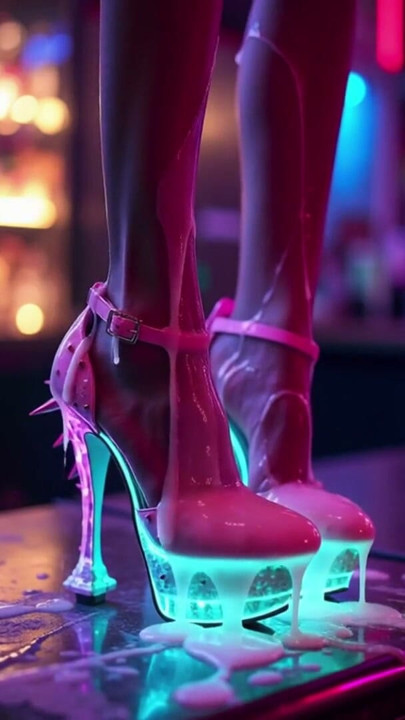 Hot high heels on a counter in a nightclub with messy cumshots on legs, feet and heels. AI-generated | Clip 1