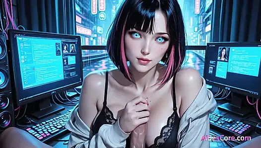 Beauty strips on stream then takes a thick cock deep as neon screens show her body shaking in pleasure