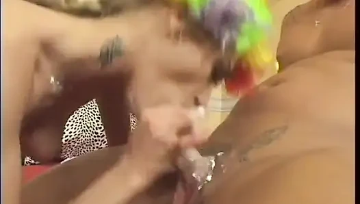 Clown mask and whipped cream on her body turn a hard penetration