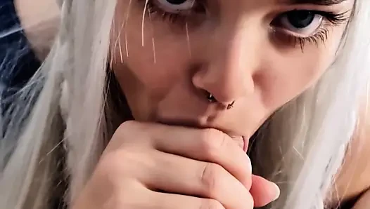 Submissive Sloppy Deepthroat in White Wig & Blue Contacts - Debora Swallowing Wellington's Thick Cock + Slow Stretching