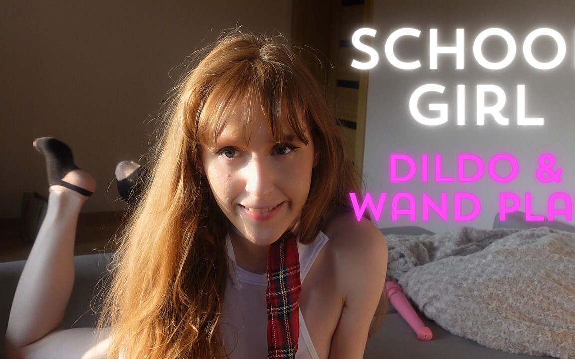 Masturbation in Schoolgirl Suit with Vibrator Wand and Dildo