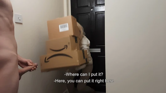 Amazon delivery girl couldn't resist naked jerking off guy.