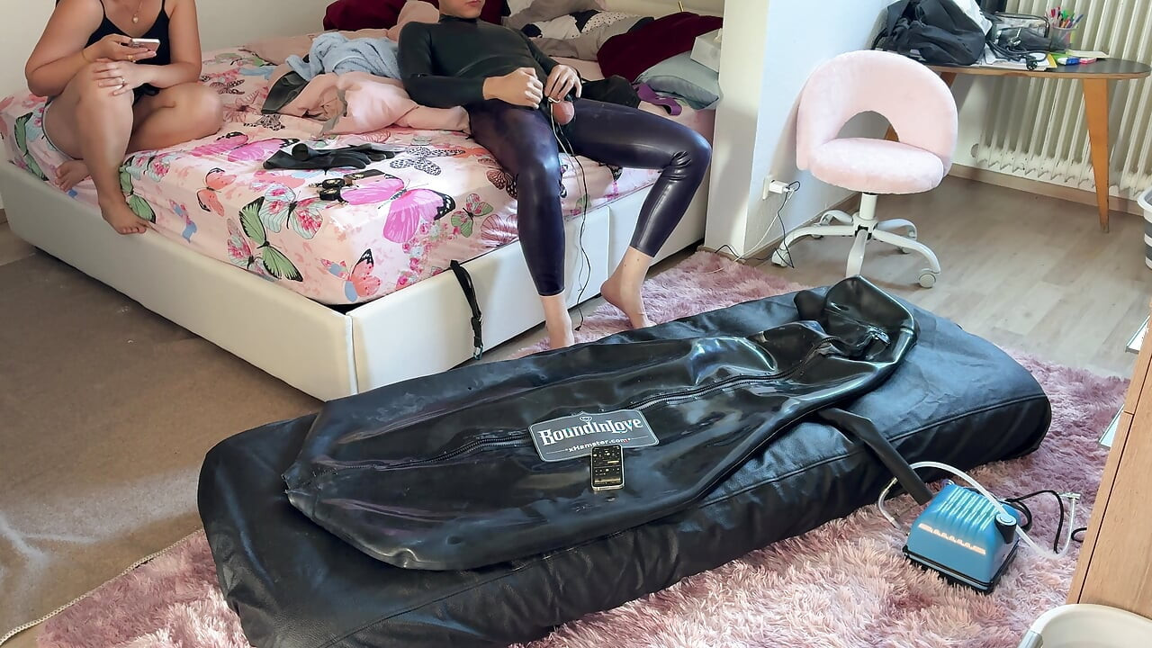 Wife drives her husband to orgasm with ESTIM in Inflatable Full Body Latex Bondage Bag. Restricted Breathing - Gagged  Butt Plug