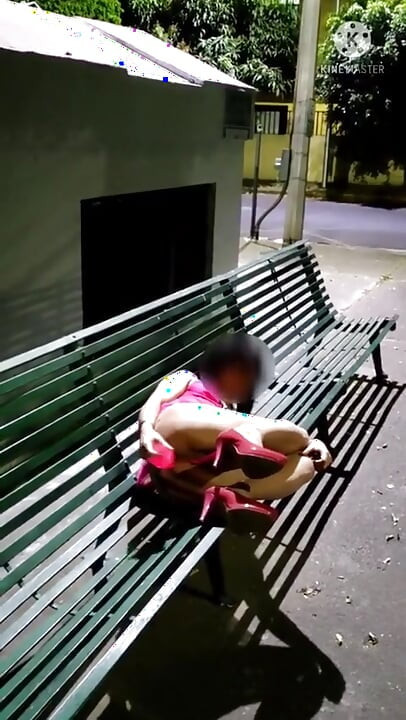 Sissy in Chastity and Slutty Lingerie Masturbating Her Ass with Dildo in a Public Park at Night.