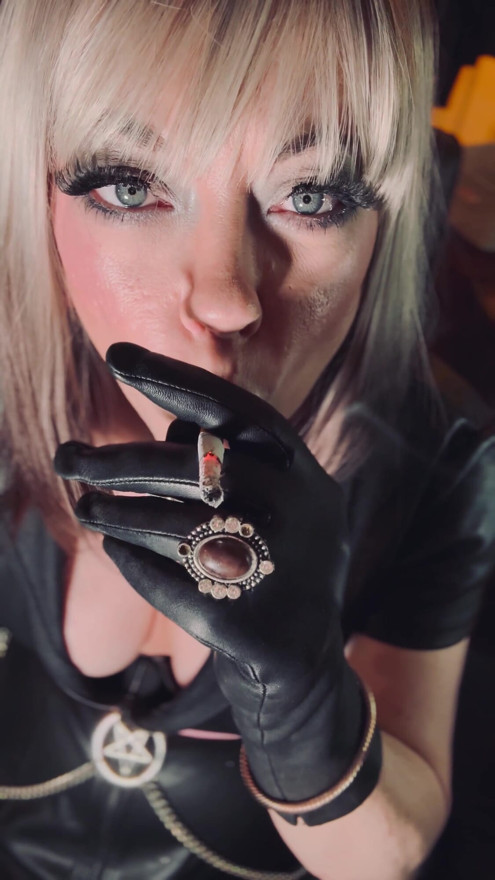 Leather & Gloved Blonde Mistress Tina Snua Smokes A Quick Cork 100 Cigarette | Clip 1