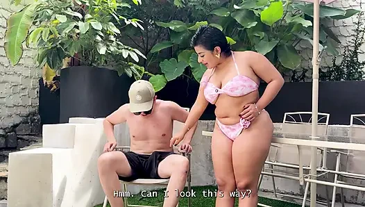 Curvy teen slut is unfaithful to her boyfriend with a stranger with a big cock in the courtyard of a resort.