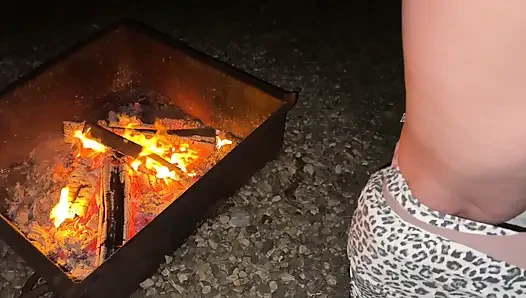 Wife caught masturbating in public restroom, then fucked by the campfire