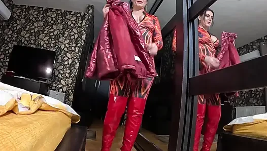 Fetish baju lompat nilon merah menggoda, sepong kontol sampai crot di dalam