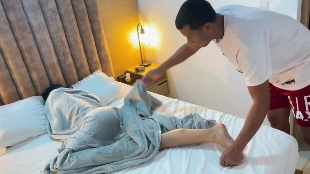 I masturbate watching hot videos while my big stepbrother watches me secretly and fucks me with his huge penis
