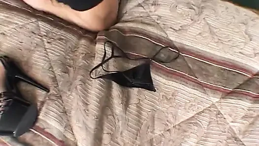 Beautiful young blue eyed brunette shaved pussy double teamed by two studs