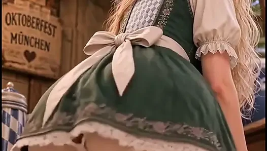 3d anime blonde elf, in Oktoberfest dirndl dress, unrealistic tits