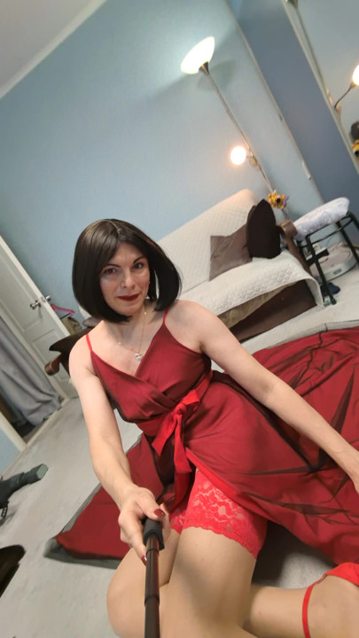 In a red long dress