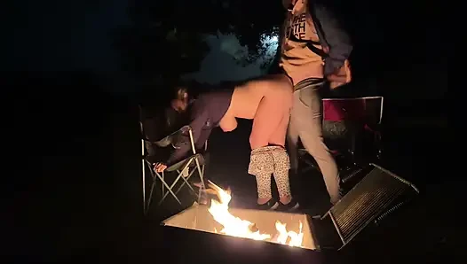Wife caught masturbating in public restroom, then fucked by the campfire