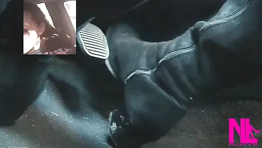 Mengemudi cepat dengan sepatu bot tinggi suede knee hitam