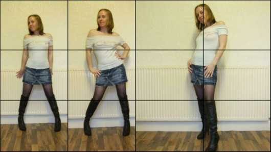 Haley pose en collants, mini-jupe en jean et bottes