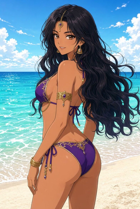Lilavati Anime Beach Bikini Looking Back Over Shoulder with Flowing Hair
