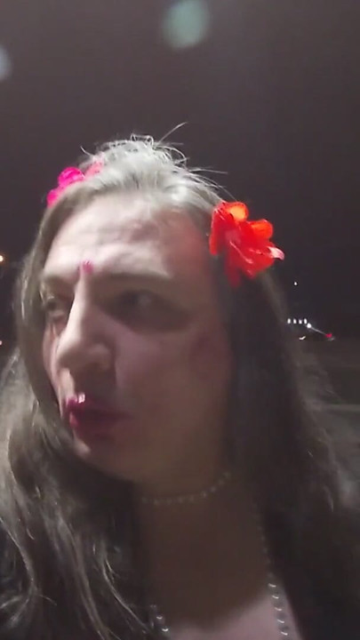 Older Mature Sissy CD outdoors at night playing with her tool | Clip 2