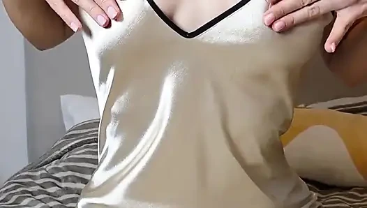 A MILF in Satin Shows off Her Saggy Tits and Brings Herself to Orgasm