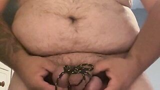 Hidden crossdresser walks with cock and ball bondage, plugged and nipple clamps with cumshot ending