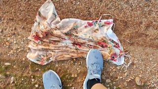 floral 10 dress in mud puddle and then clean shoes on it