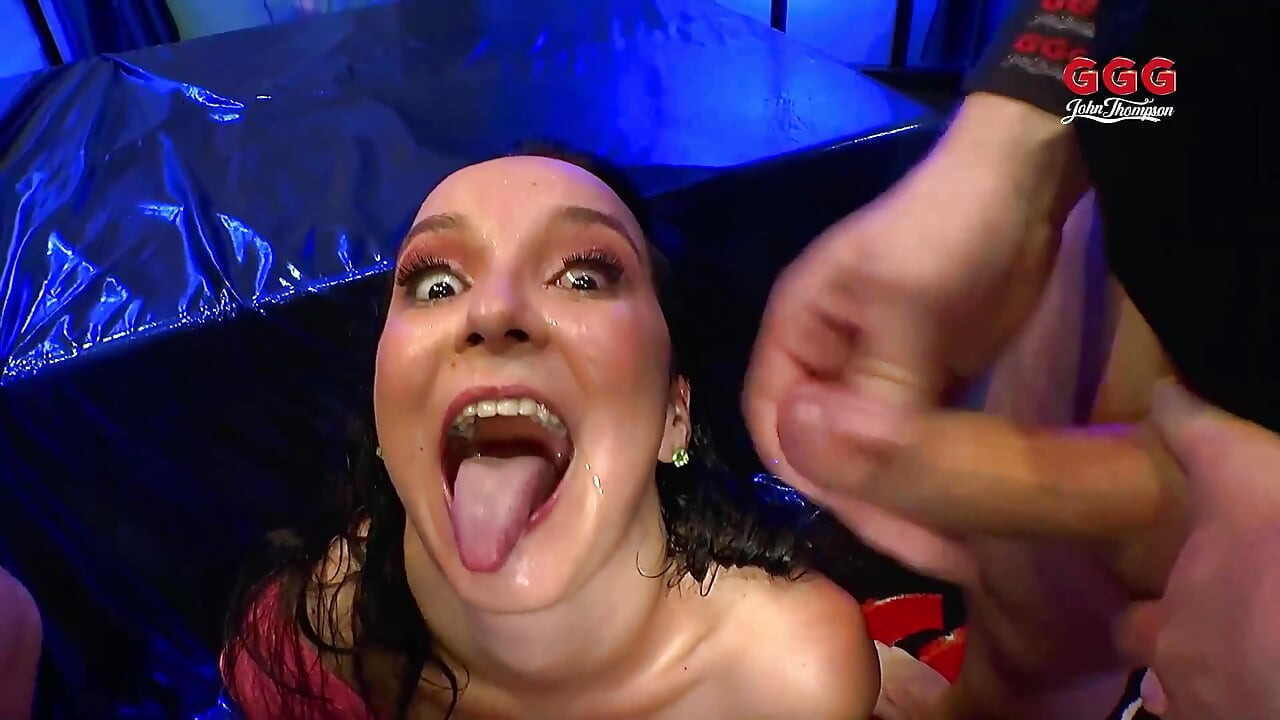 Brunette Bukkake Slut Sucks Cocks and Takes Facials