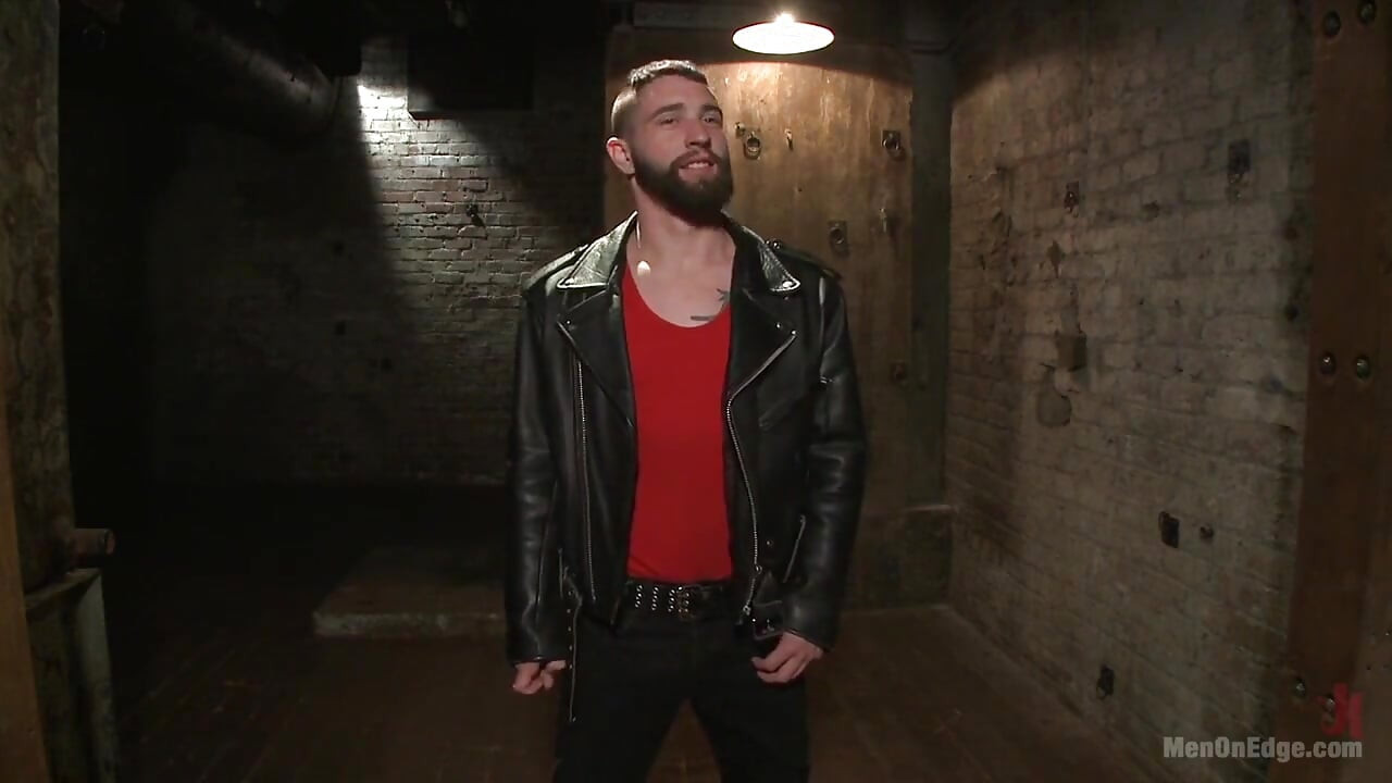Suspended in a Center Split, Helpless Uncut Stud Blows a Huge Load!