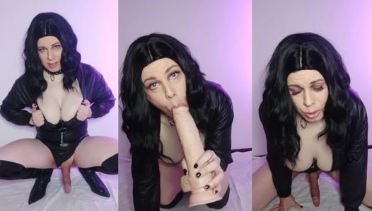 Trans sissy sucks a big dildo, rides it and cums