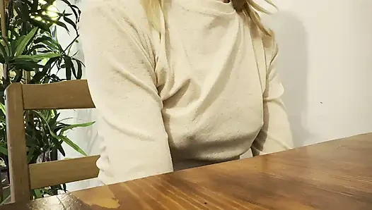 Having Pizza in a sheer blouse in public  in a restaurant exposing my big nipples