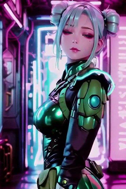 綠甲少女！銀髮女武神跪姿回眸，指尖輕觸冰冷金屬戰衣。