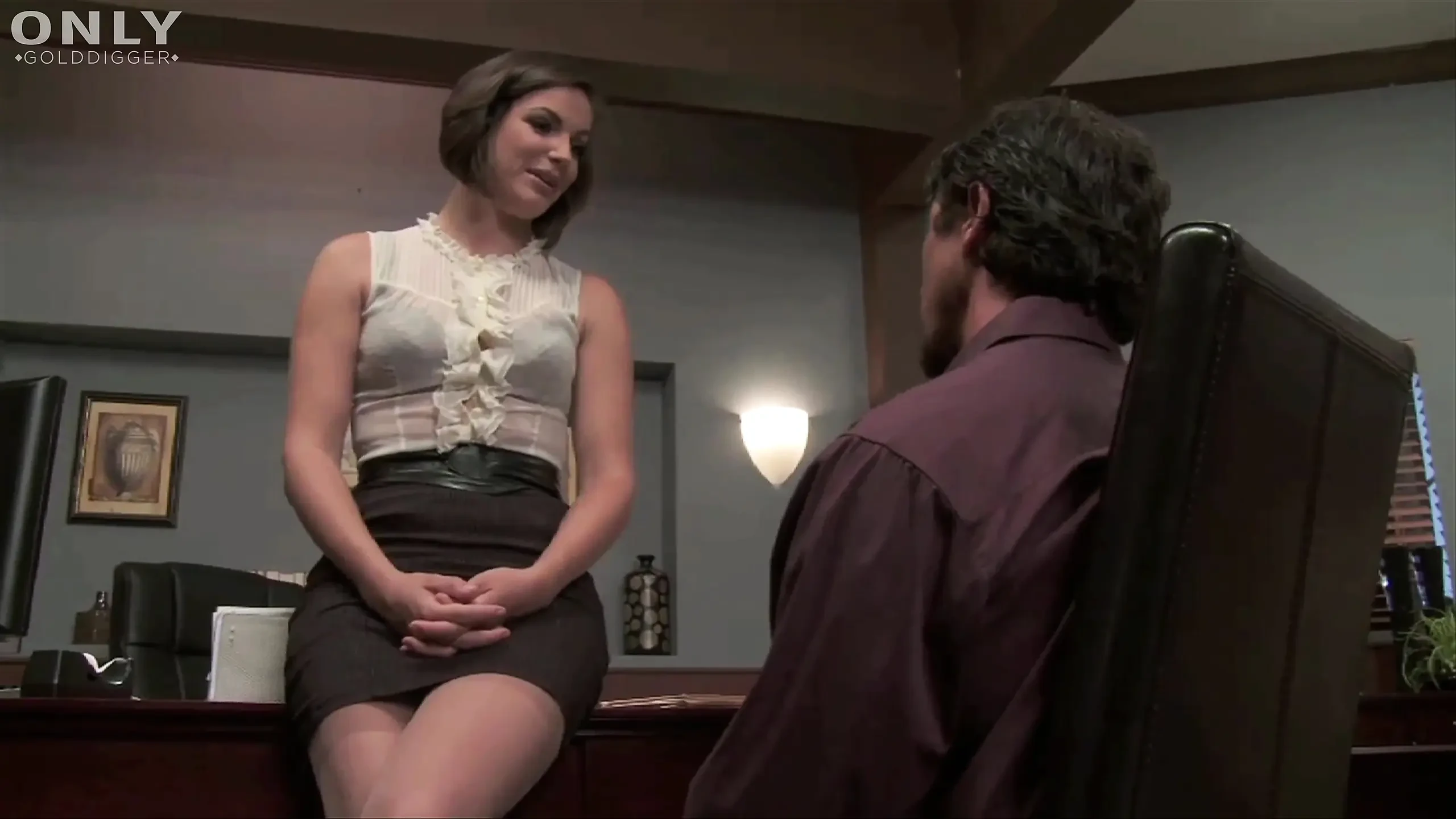 Horny brunette in lingerie gets fucked by her boss and eats his cum
