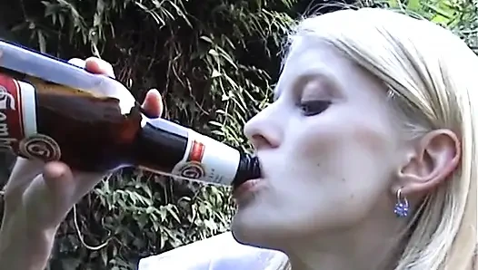 Skinny blonde girl fucking around the house