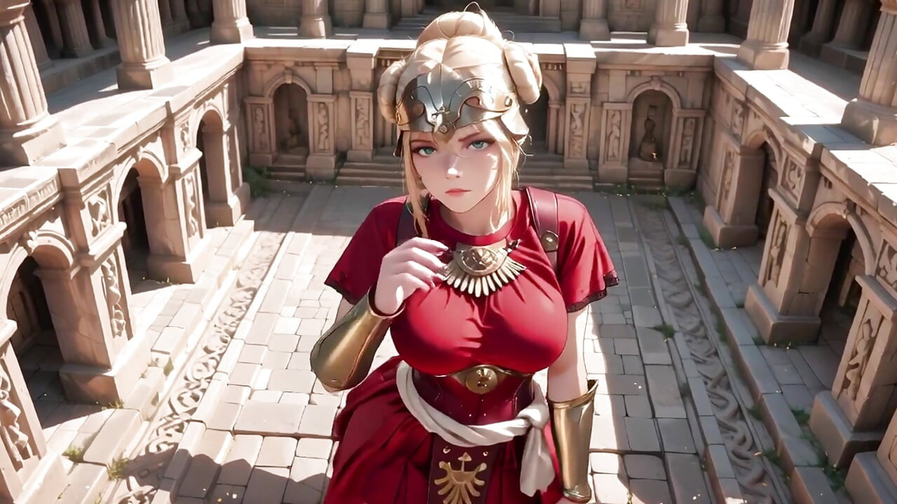 Red Armor Queen! Forbidden Gaze in the Roman Corridor, Skirt Lift Reveal, Hand on Lips Teasing You...