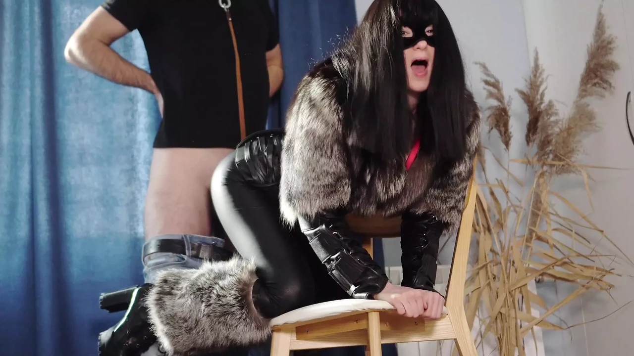 Sexy kitty plays with her sex slave. Femdom in fursuit. Furry fuck. Mistress in fur coat got fucked
