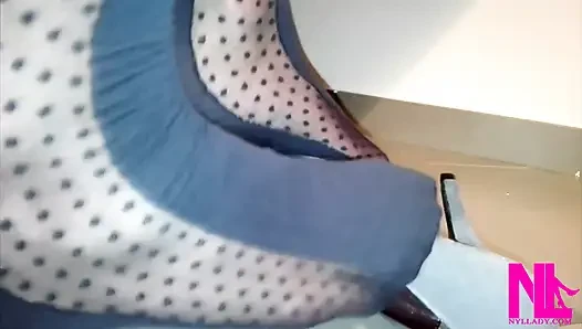 Sensual Shoeplay in Grey Patent Pumps and Blue Charmant Pantyhose