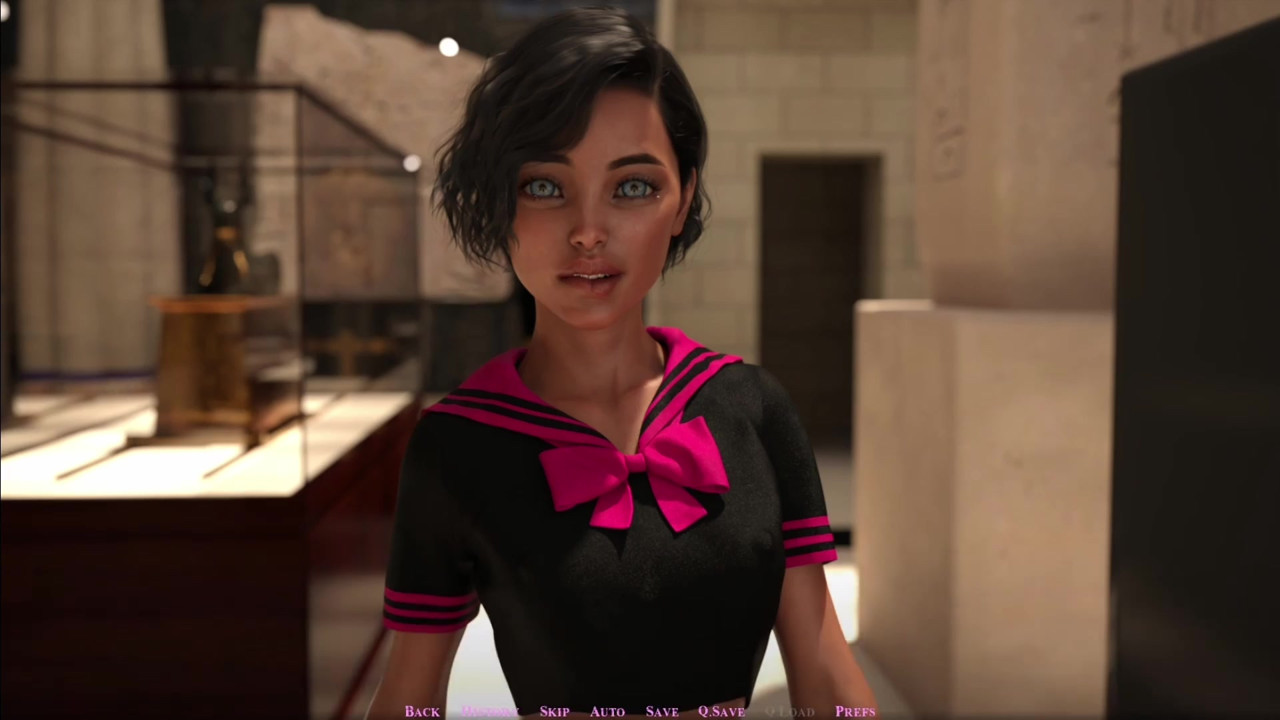 ジンが博物館でスクールガールのグウェンと出会い、中出しする