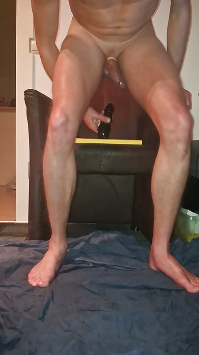 Hot Gay with Beautiful Feet Rides Dildo and Has Pissing Orgasm