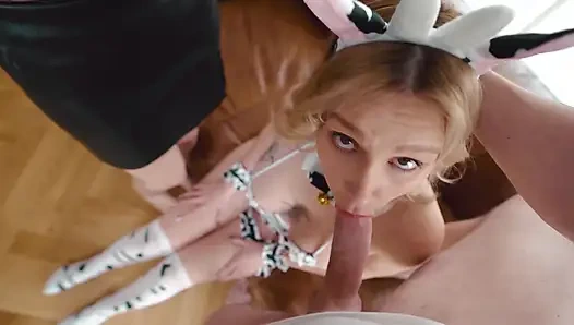 Awkward Threesome with Stepmother in a Cow Suit!