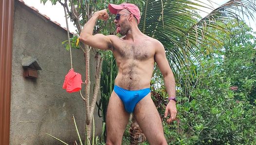 Arms Workout Outdoors in Thong and Masturbating with Louis Ferdinando