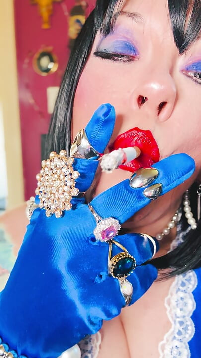Tina Snua Chain Smokes 2 Cork Cigarettes In Satin With Gloves & Jewellery! - British Mature Smoking Smoker
