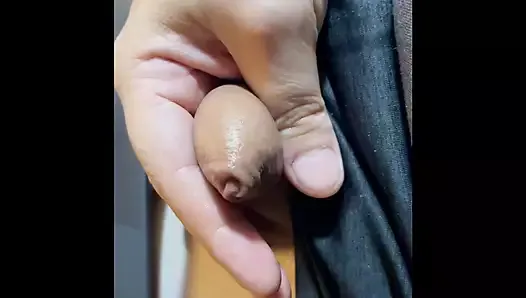 Uncut Guy Seeps Small Cock, Catches Load In Foreskin Then Pushes It Out Like A Volcano