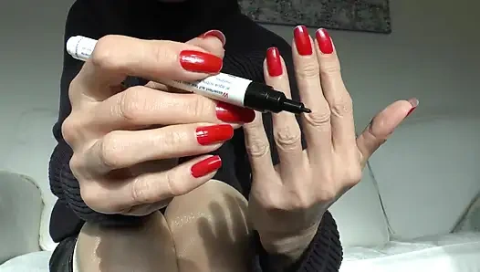 Slave Marking with Pen, Beautiful Red Fingernails, Lady Victoria Valente