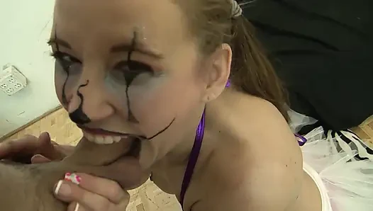 Clown girl gets a massive facial cumshot after being fucked hard