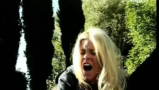Horny blonde busty chick fuck in backyard from behind